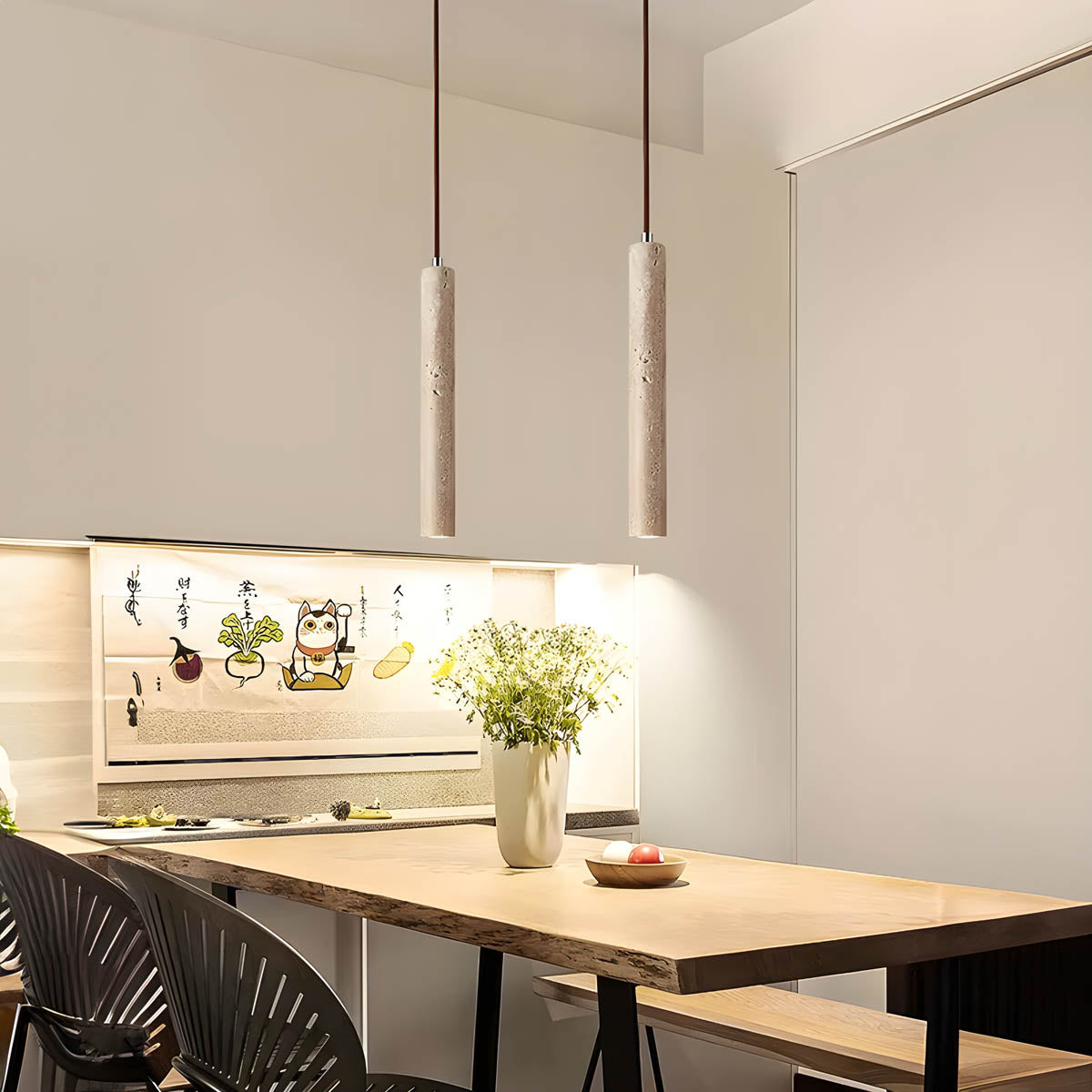 Travertine & wood pendant light, minimalist cylindrical