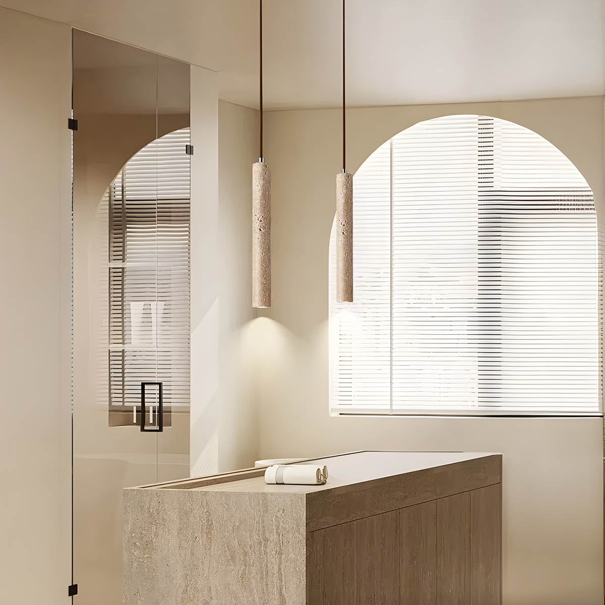 Travertine & wood pendant light, minimalist cylindrical