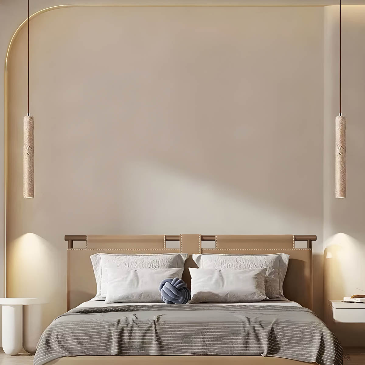 Travertine & wood pendant light, minimalist cylindrical