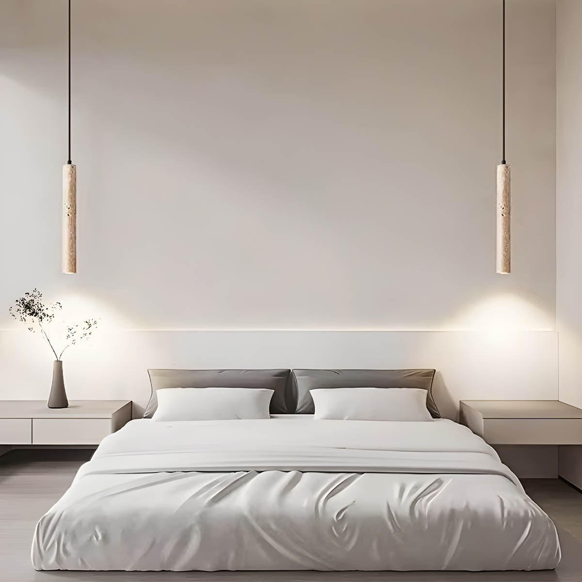 Travertine & wood pendant light, minimalist cylindrical