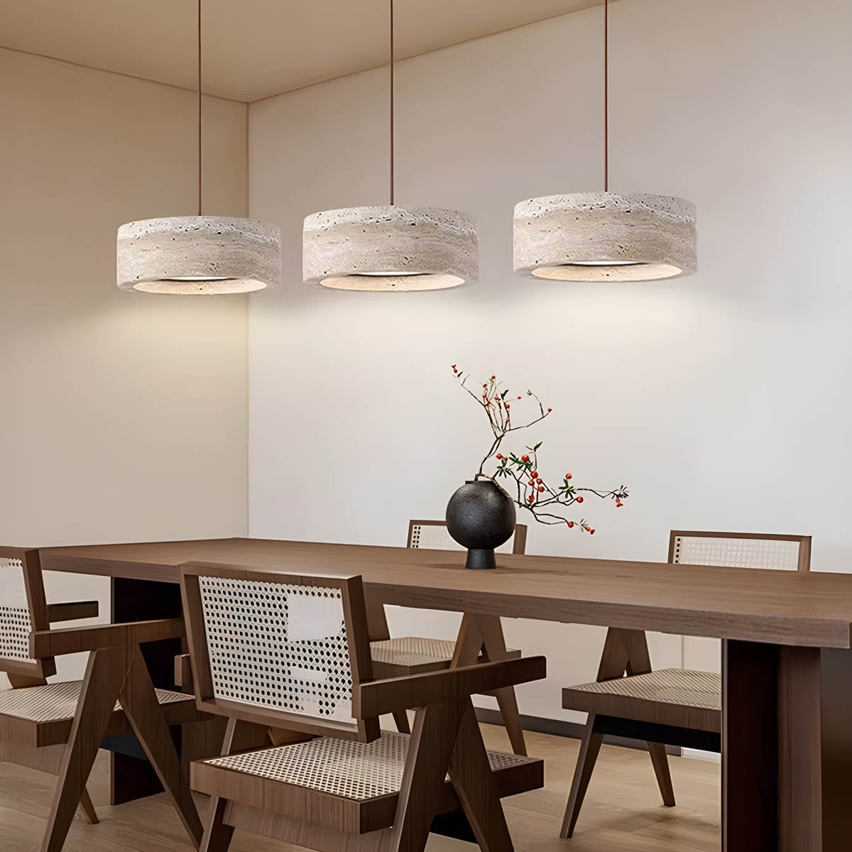 Natural Travertine & Wood LED Pendant Light