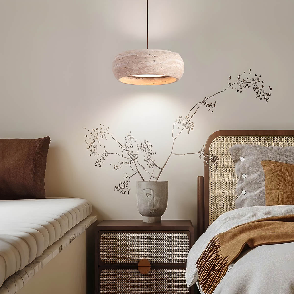 Natural Travertine & Wood LED Pendant Light