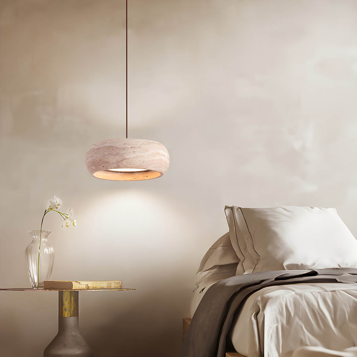 Natural Travertine & Wood LED Pendant Light