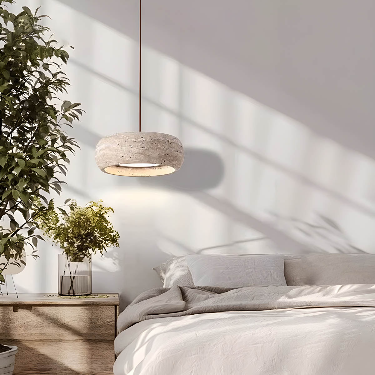 Natural Travertine & Wood LED Pendant Light