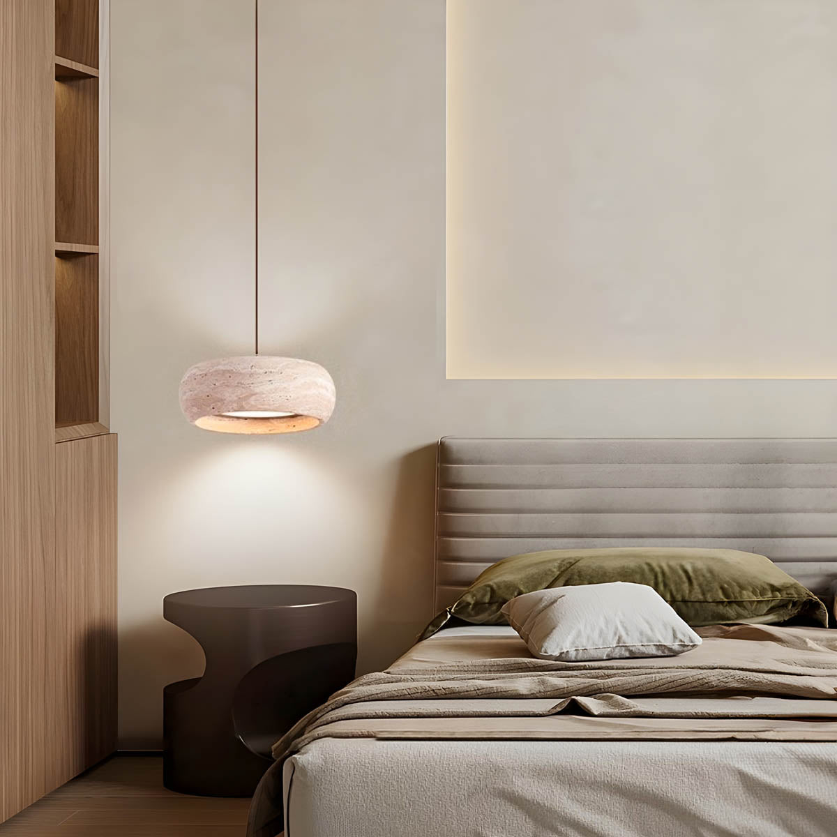 Natural Travertine & Wood LED Pendant Light