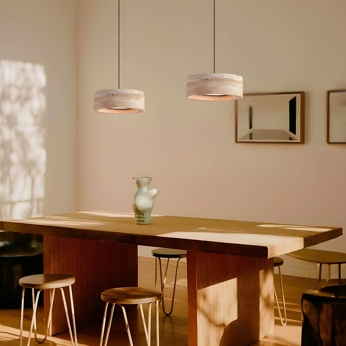 Natural Travertine & Wood LED Pendant Light