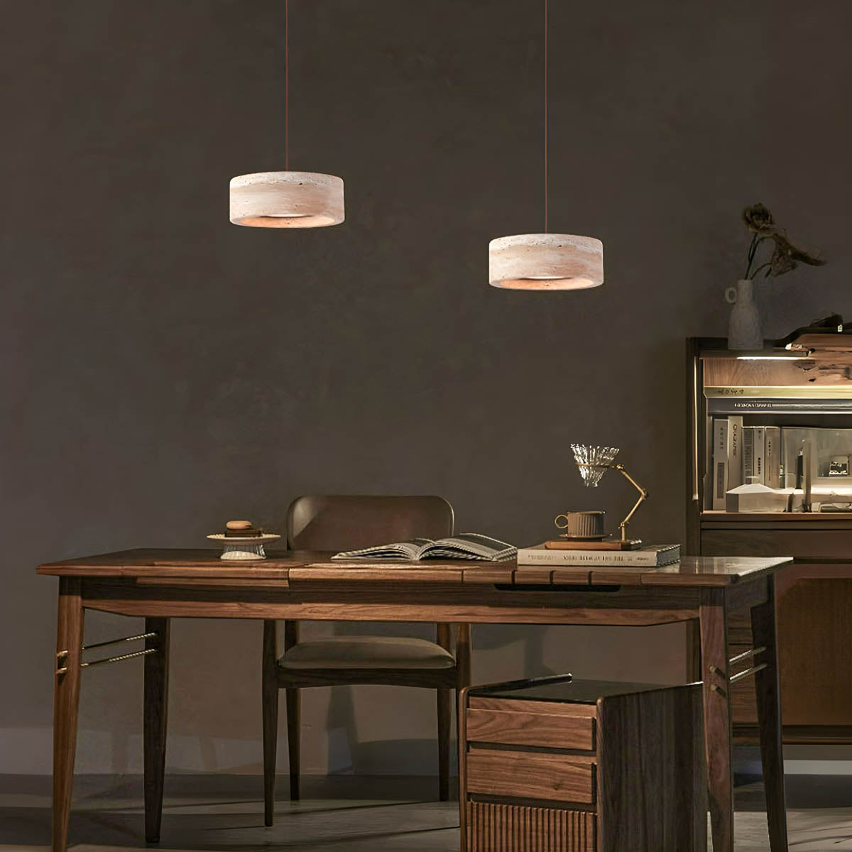 Natural Travertine & Wood LED Pendant Light