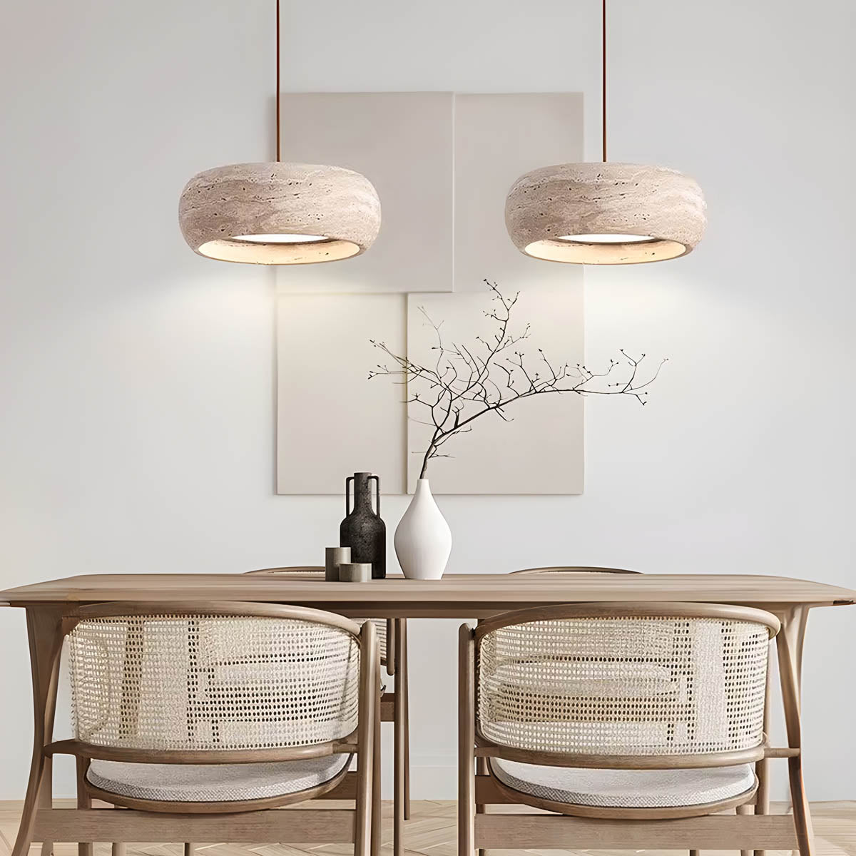 Natural Travertine & Wood LED Pendant Light