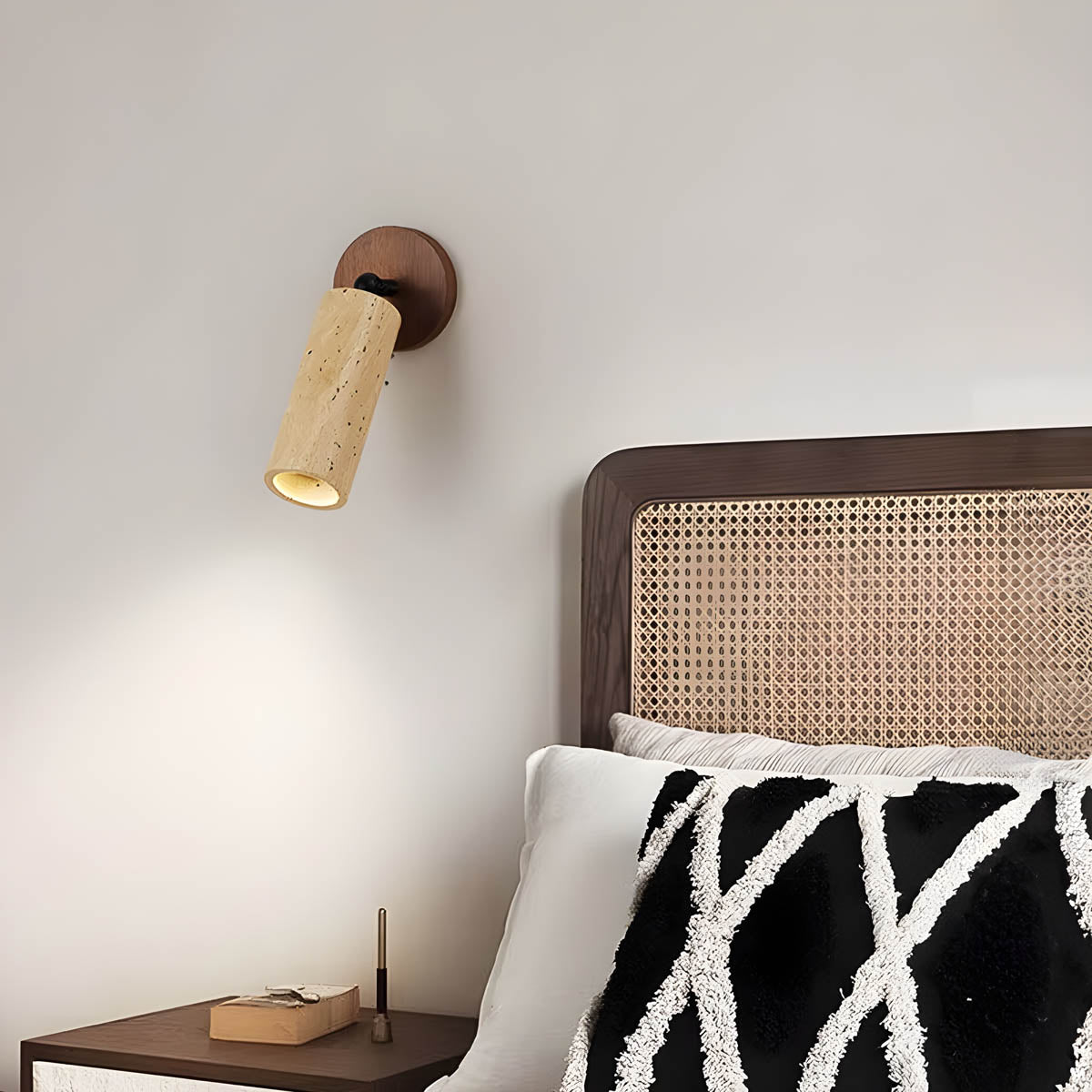 Wall Light with Travertine & Wood Head - Rotatable Accent Lamp