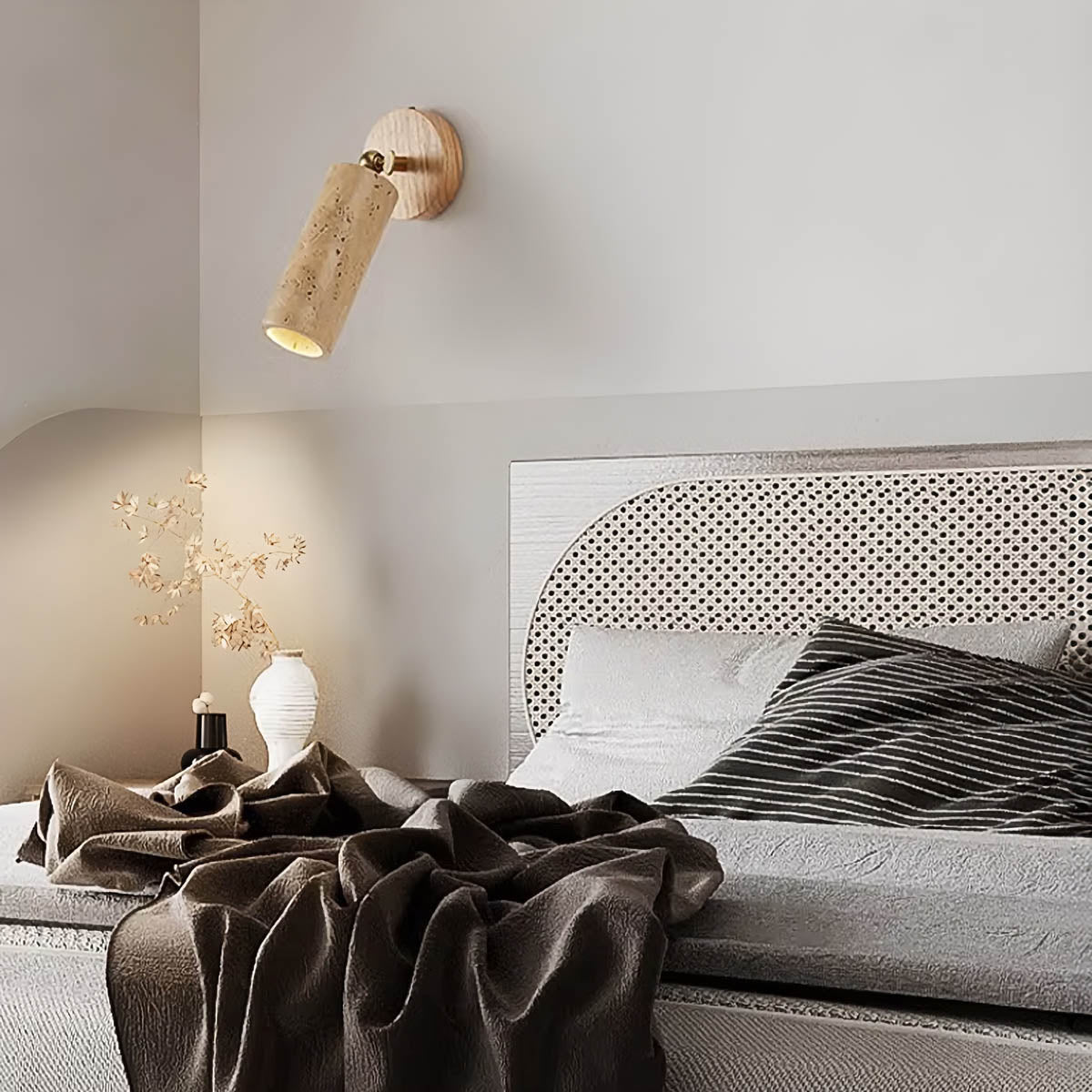 Wall Light with Travertine & Wood Head - Rotatable Accent Lamp