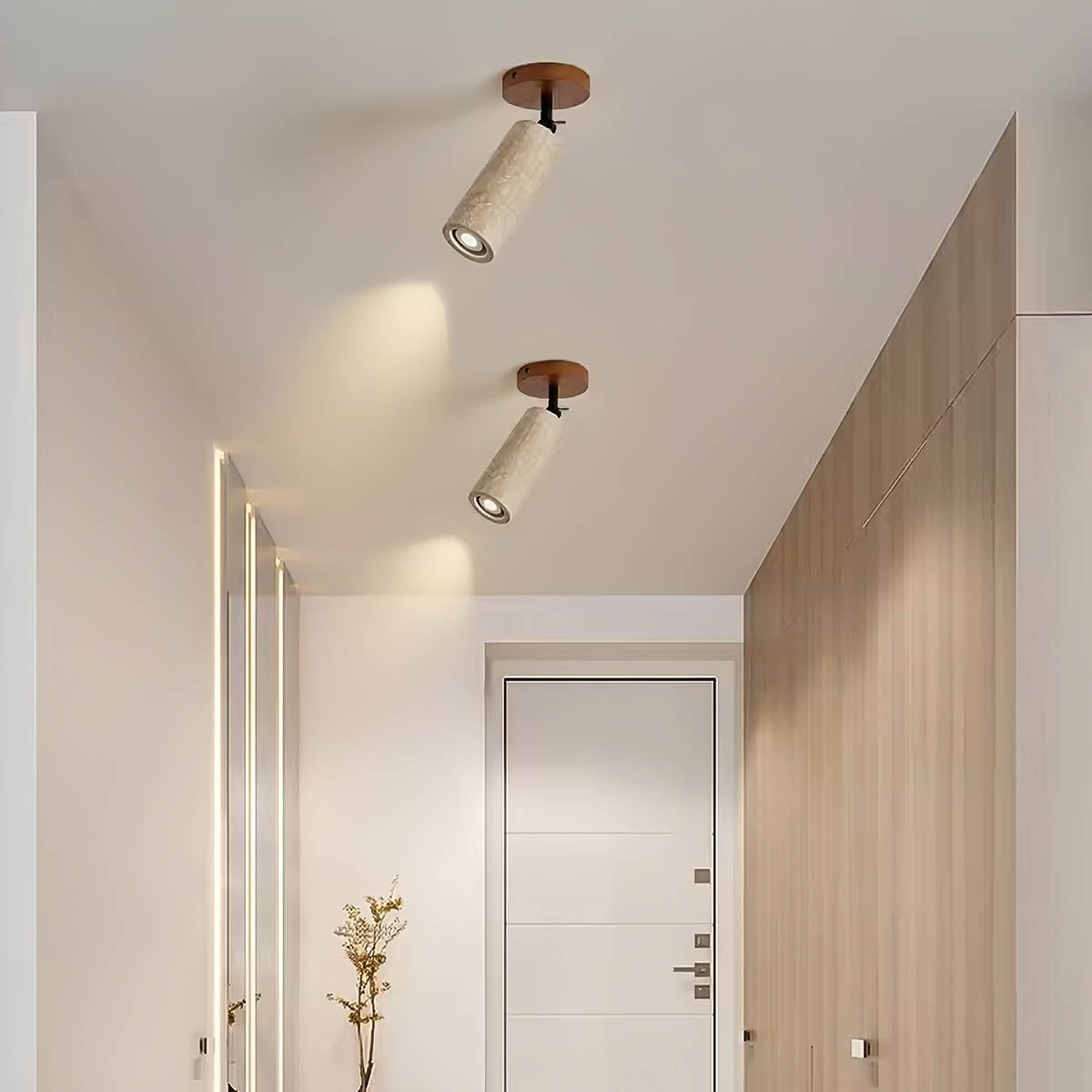 Wall Light with Travertine & Wood Head - Rotatable Accent Lamp