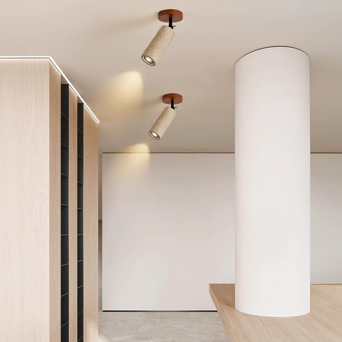 Wall Light with Travertine & Wood Head - Rotatable Accent Lamp