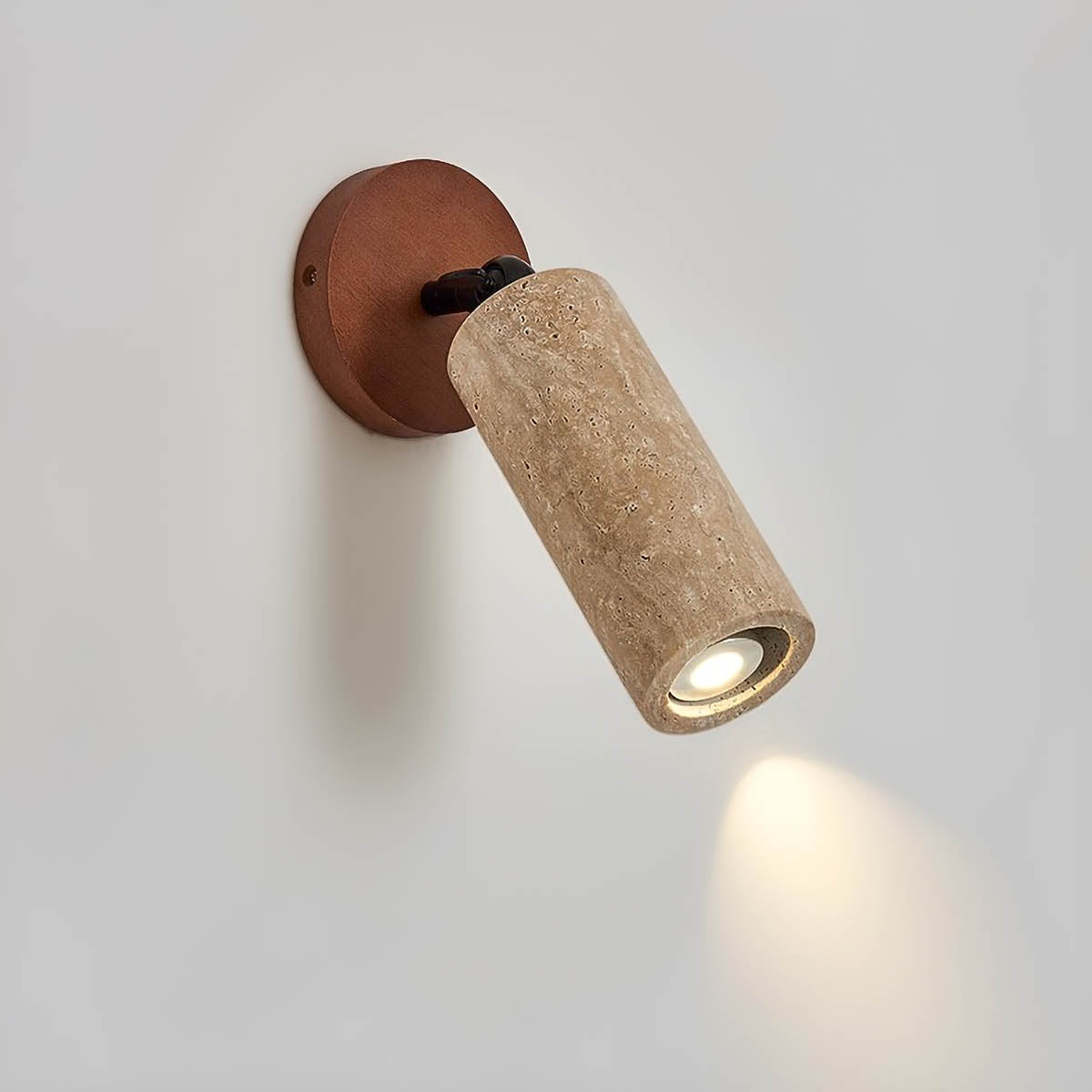 Wall Light with Travertine & Wood Head - Rotatable Accent Lamp