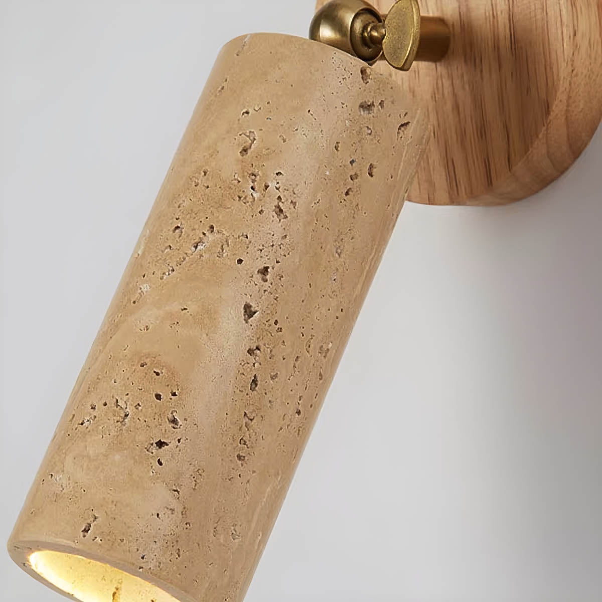 Wall Light with Travertine & Wood Head - Rotatable Accent Lamp
