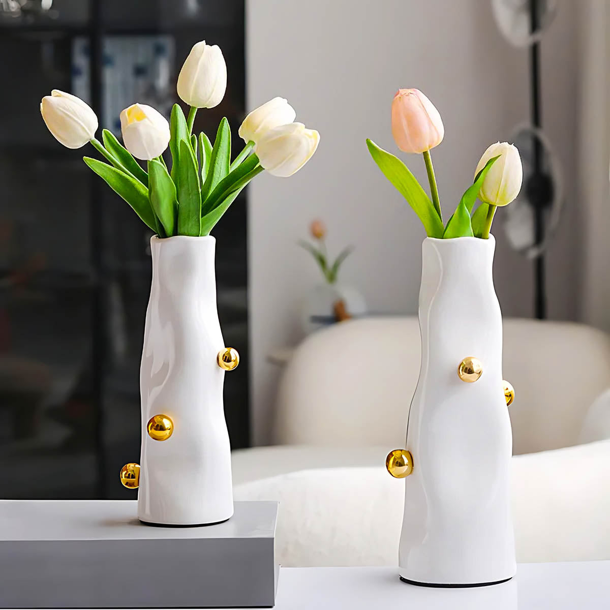 Glossy White & Gold Resin Statement Vase — Sculptural Modern Centrepiece