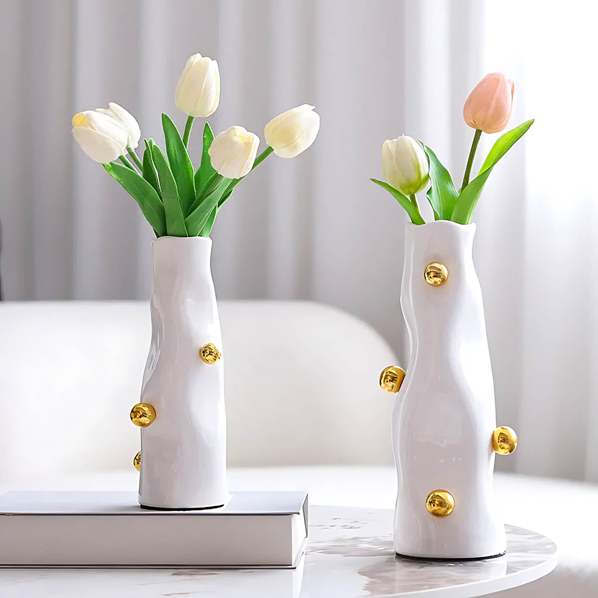 Glossy White & Gold Resin Statement Vase — Sculptural Modern Centrepiece