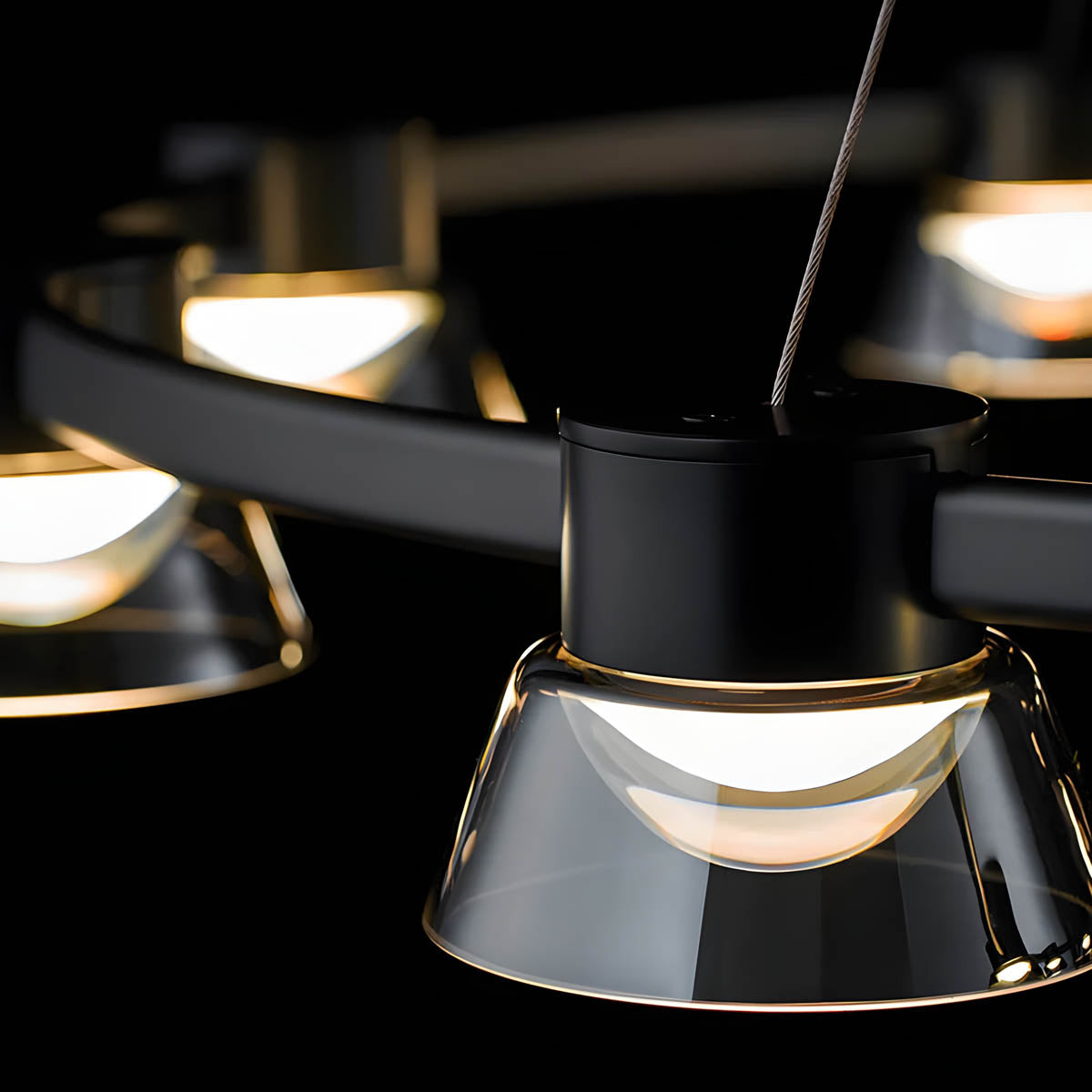 Textured smoky-glass chandelier, multi-arm LED fixture