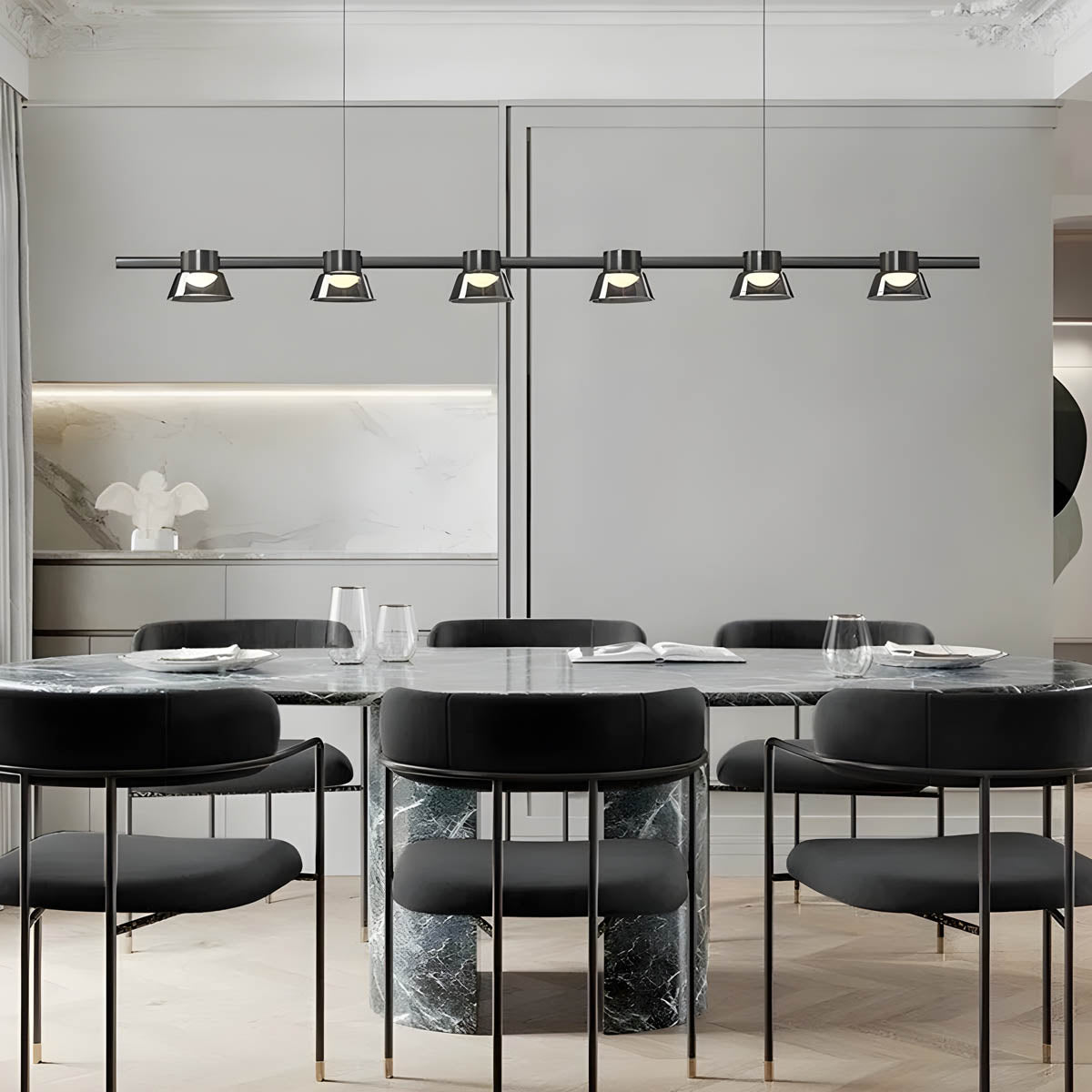 Textured smoky-glass chandelier, multi-arm LED fixture