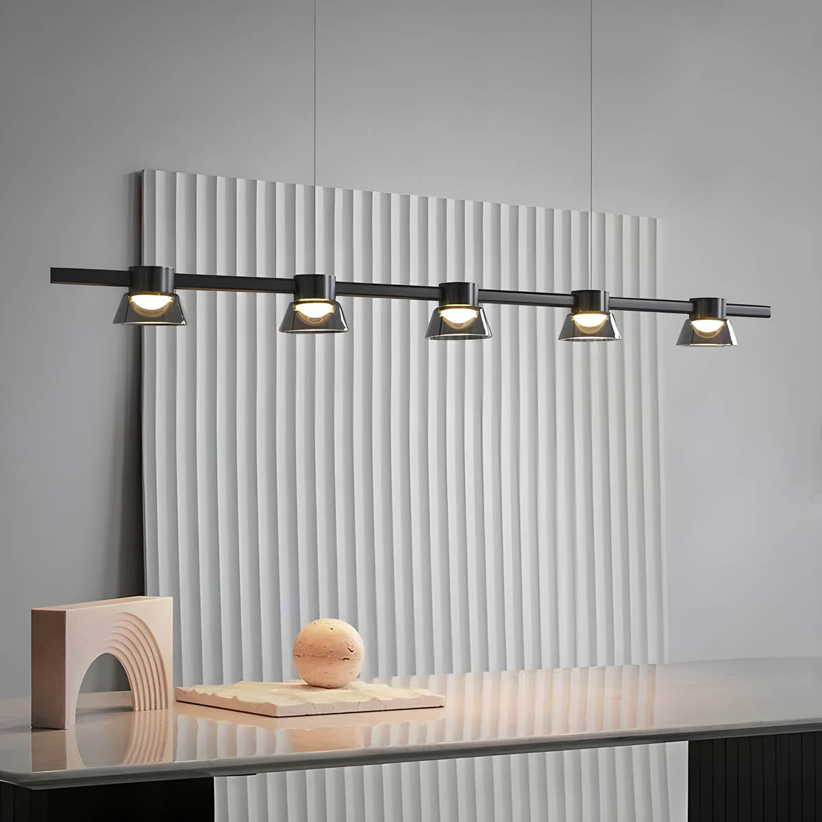 Textured smoky-glass chandelier, multi-arm LED fixture