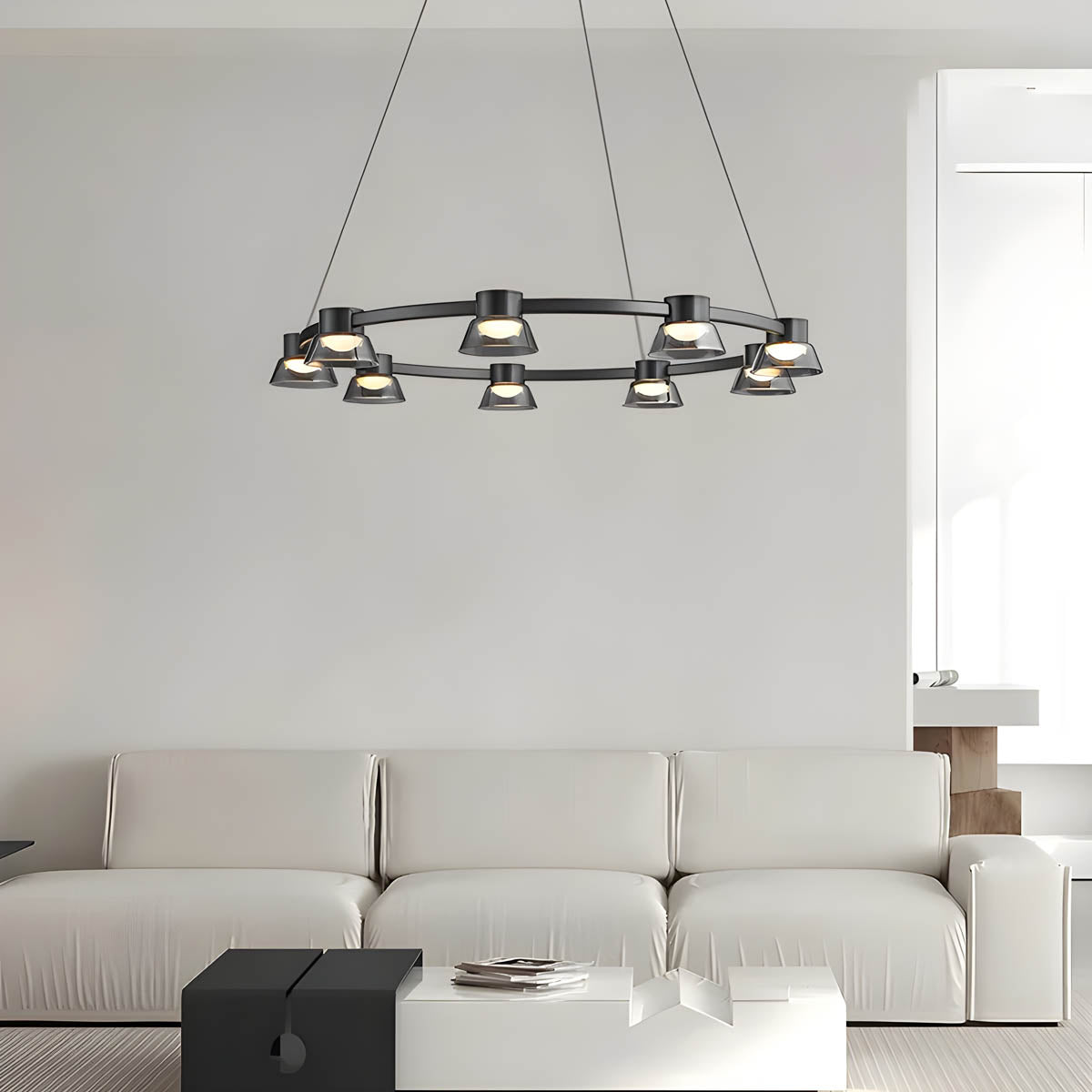 Textured smoky-glass chandelier, multi-arm LED fixture