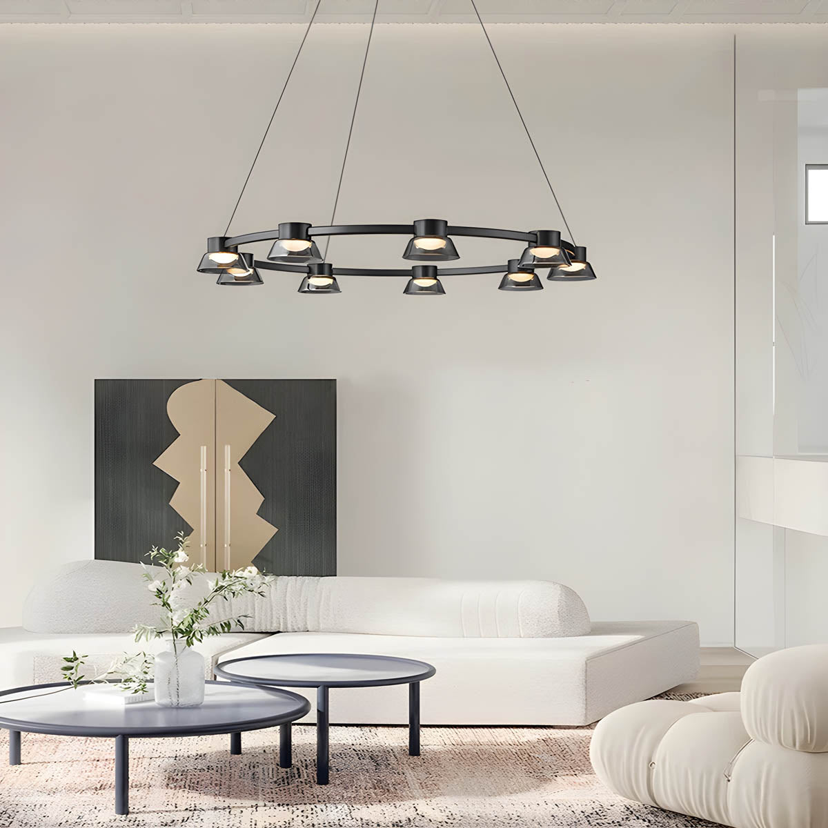 Textured smoky-glass chandelier, multi-arm LED fixture