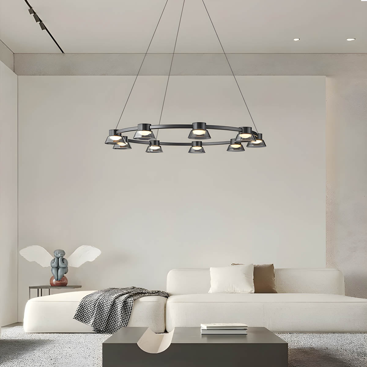 Textured smoky-glass chandelier, multi-arm LED fixture