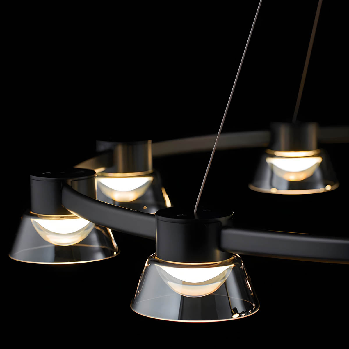 Textured smoky-glass chandelier, multi-arm LED fixture