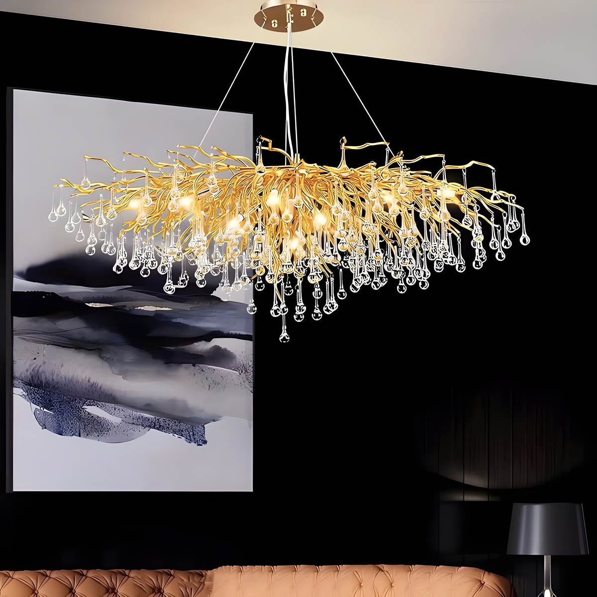 K9 crystal & aluminium chandelier, round or linear LED