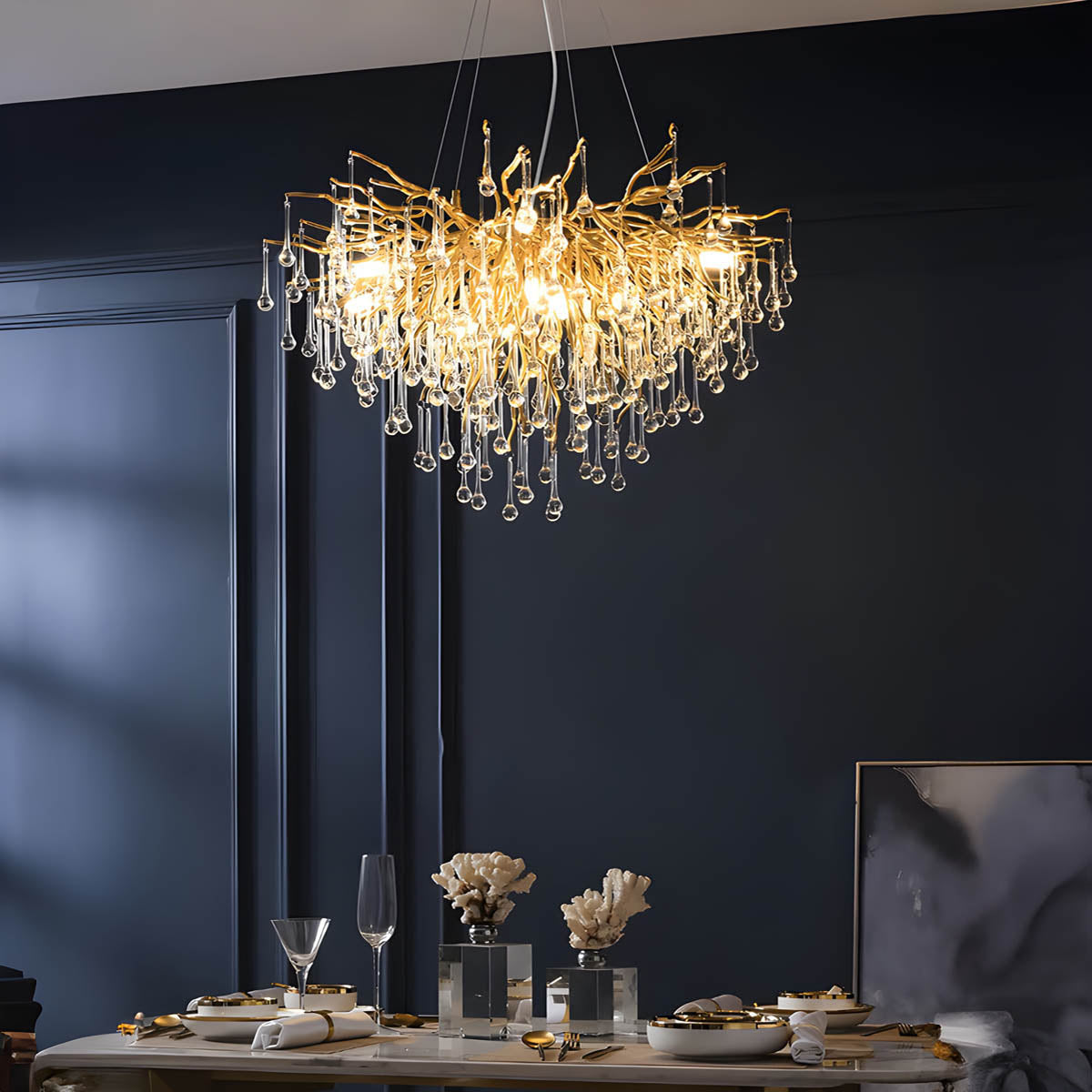 K9 crystal & aluminium chandelier, round or linear LED