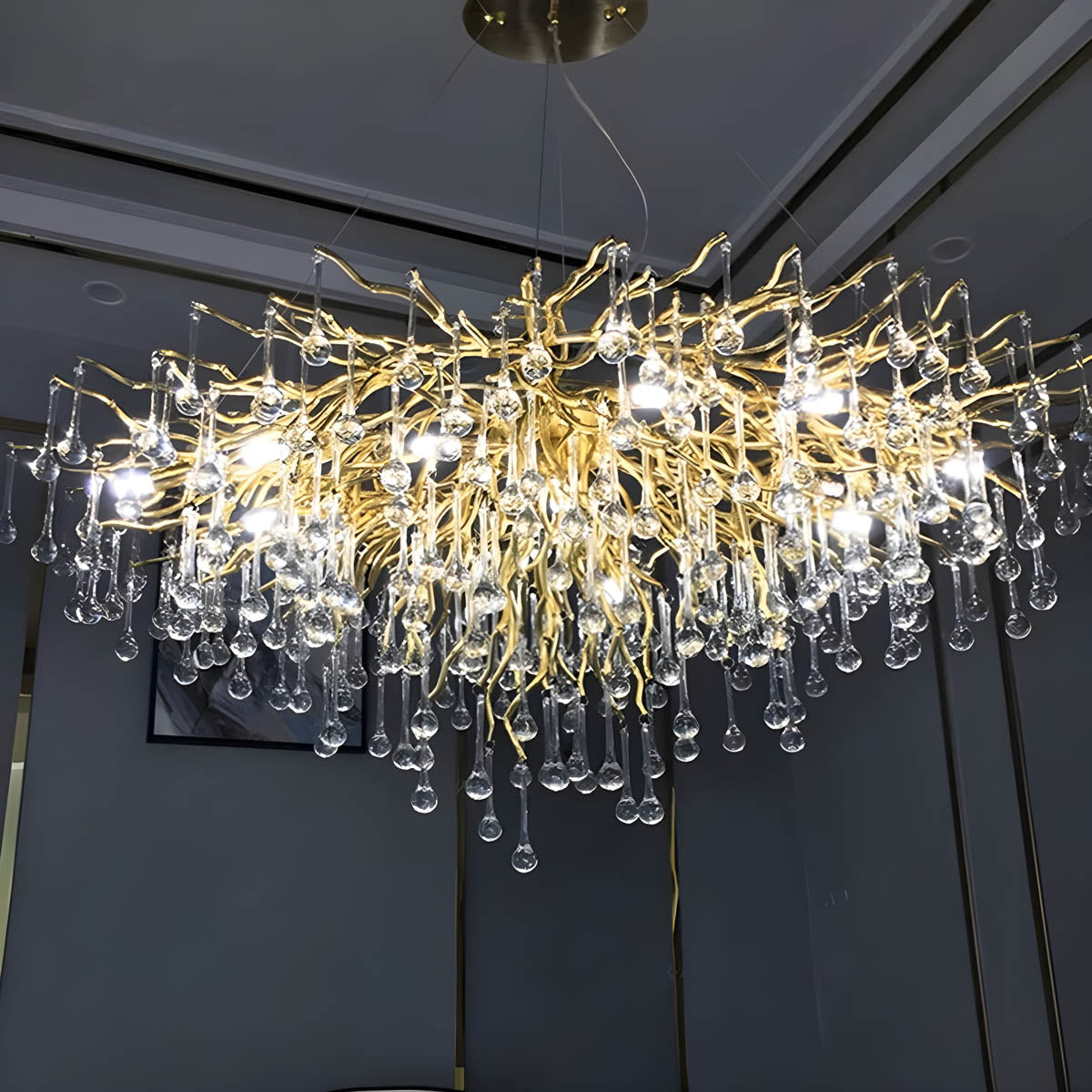 K9 crystal & aluminium chandelier, round or linear LED