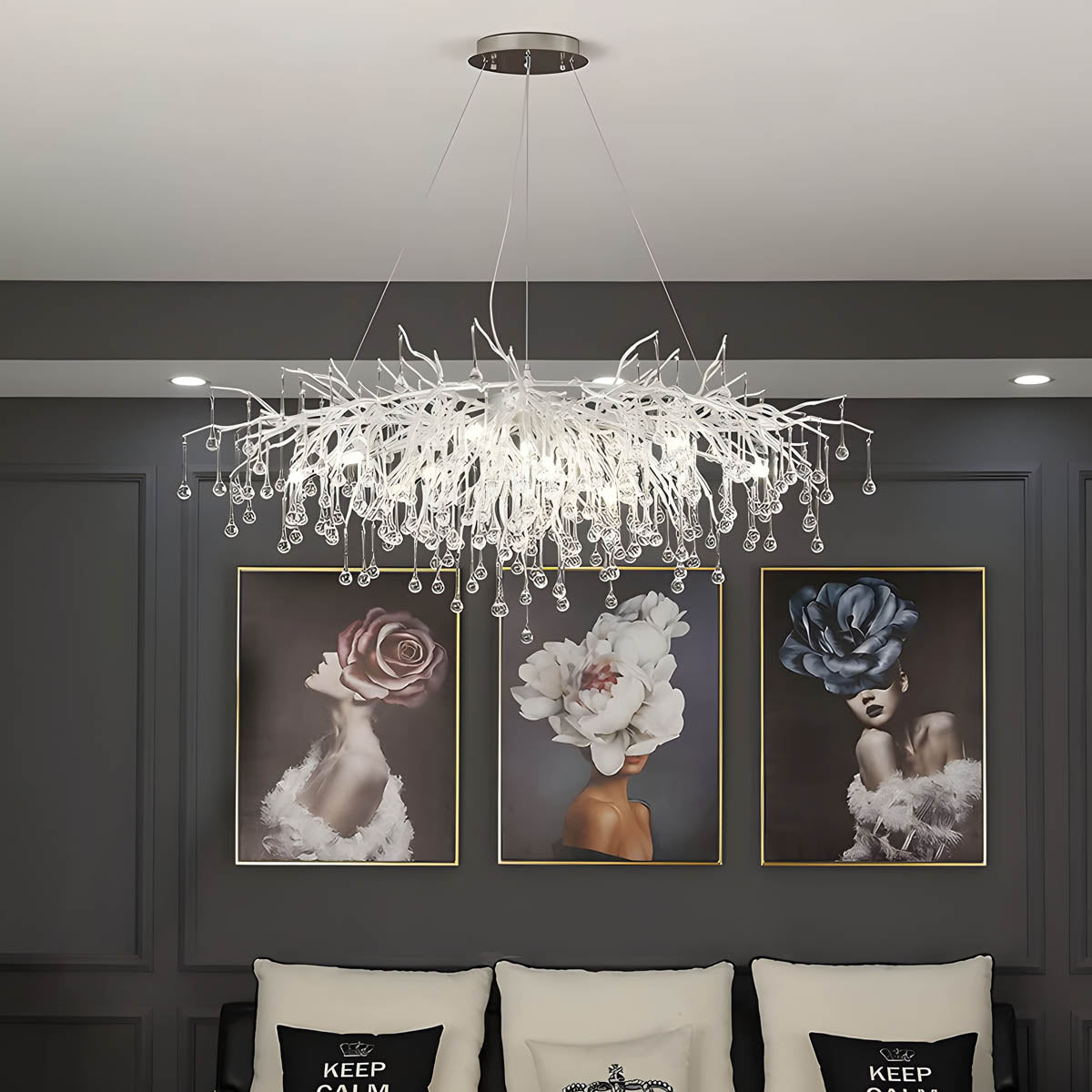 K9 crystal & aluminium chandelier, round or linear LED