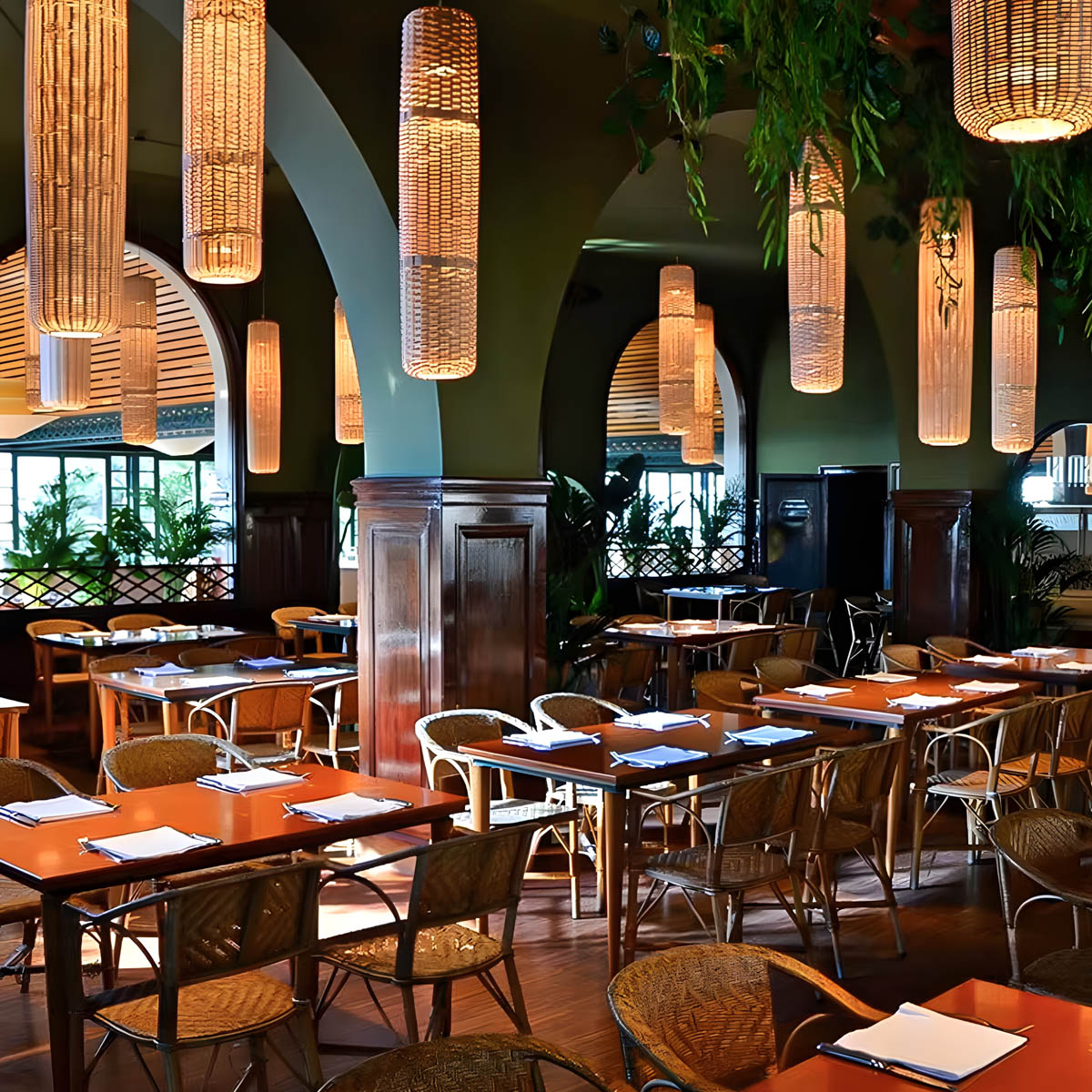 Large rattan & iron pendant light, 100-120 cm