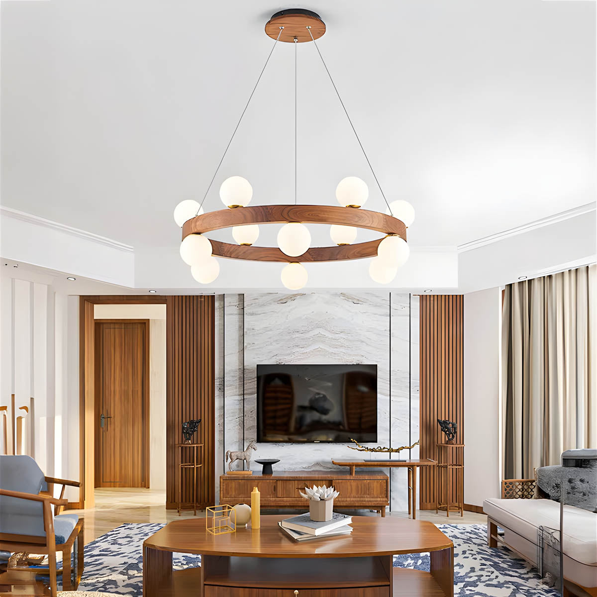 Wood & Glass Orb Chandelier G9 40-80 cm