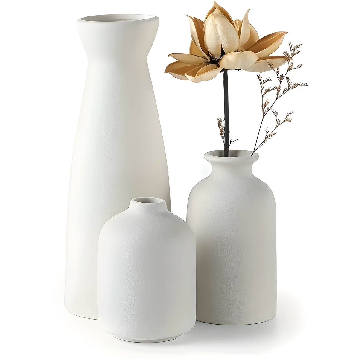 Round Minimalist Ceramic Vase Trio, Matte White or Beige — Decorative Set of Three