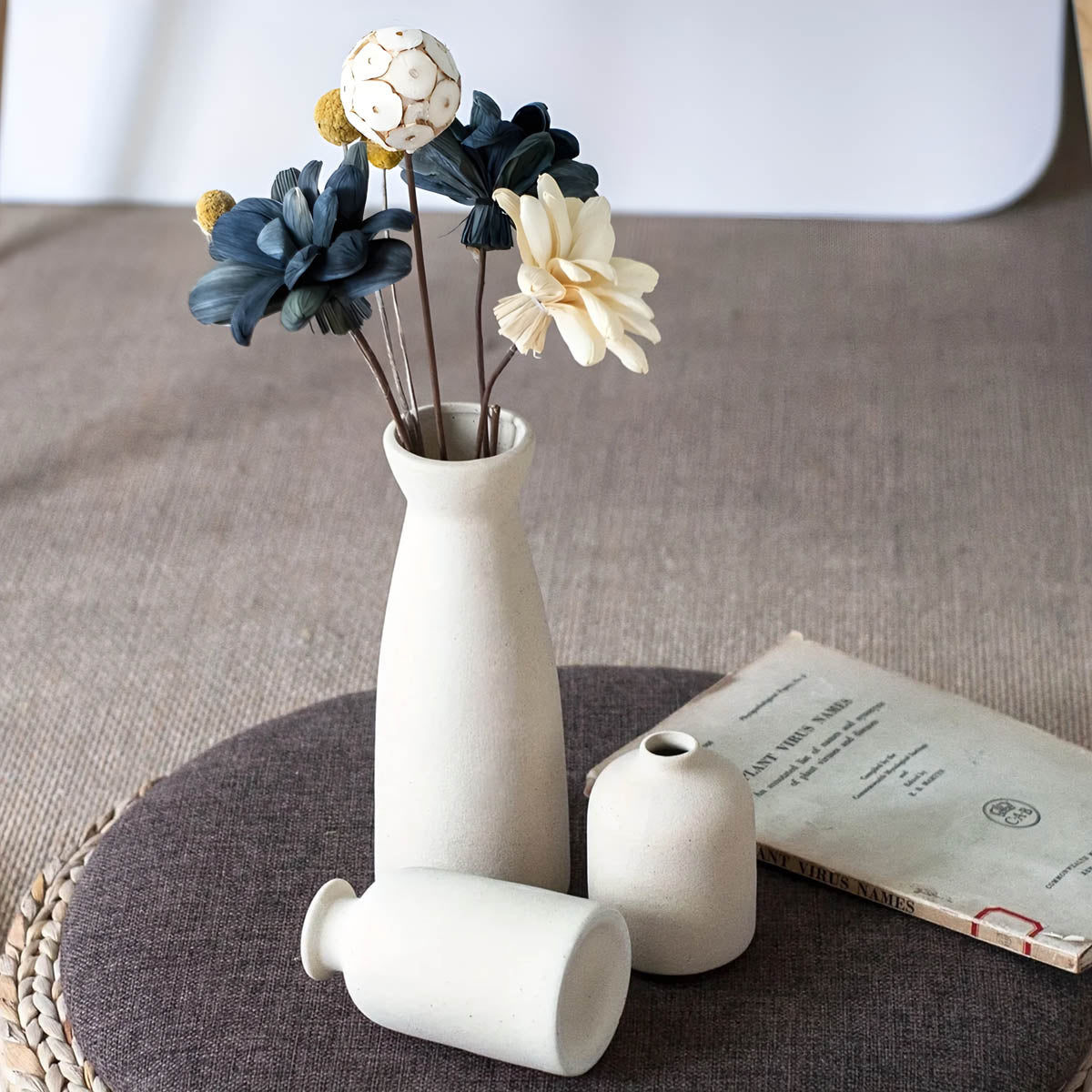 Round Minimalist Ceramic Vase Trio, Matte White or Beige — Decorative Set of Three