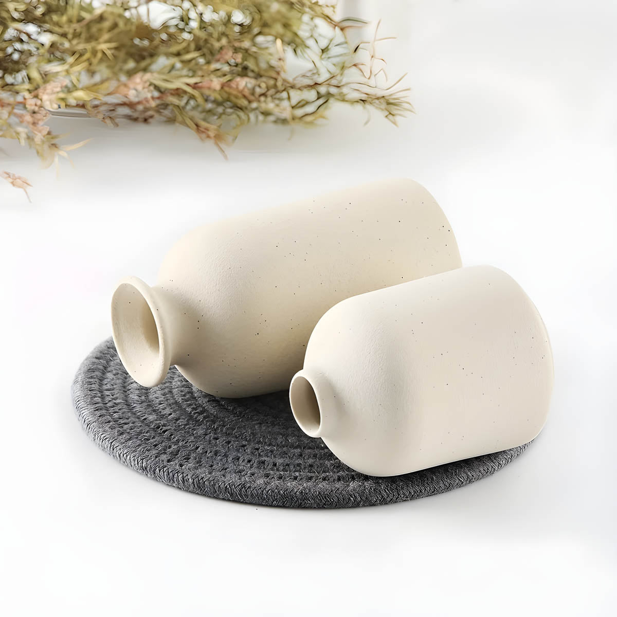 Round Minimalist Ceramic Vase Trio, Matte White or Beige — Decorative Set of Three