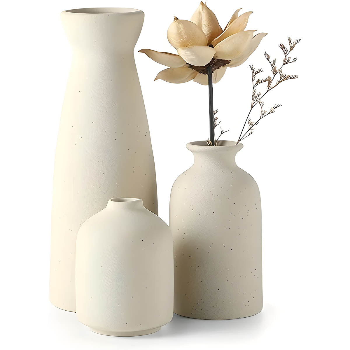 Round Minimalist Ceramic Vase Trio, Matte White or Beige — Decorative Set of Three