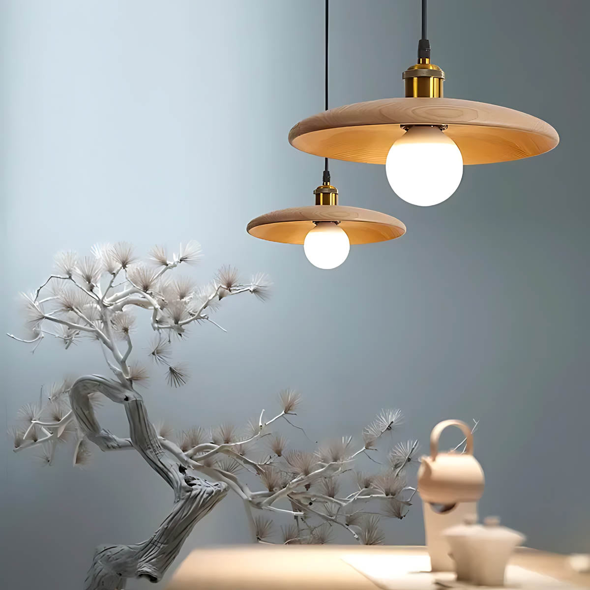 Wood saucer pendant light LED E27, Ø 18 / 28 cm