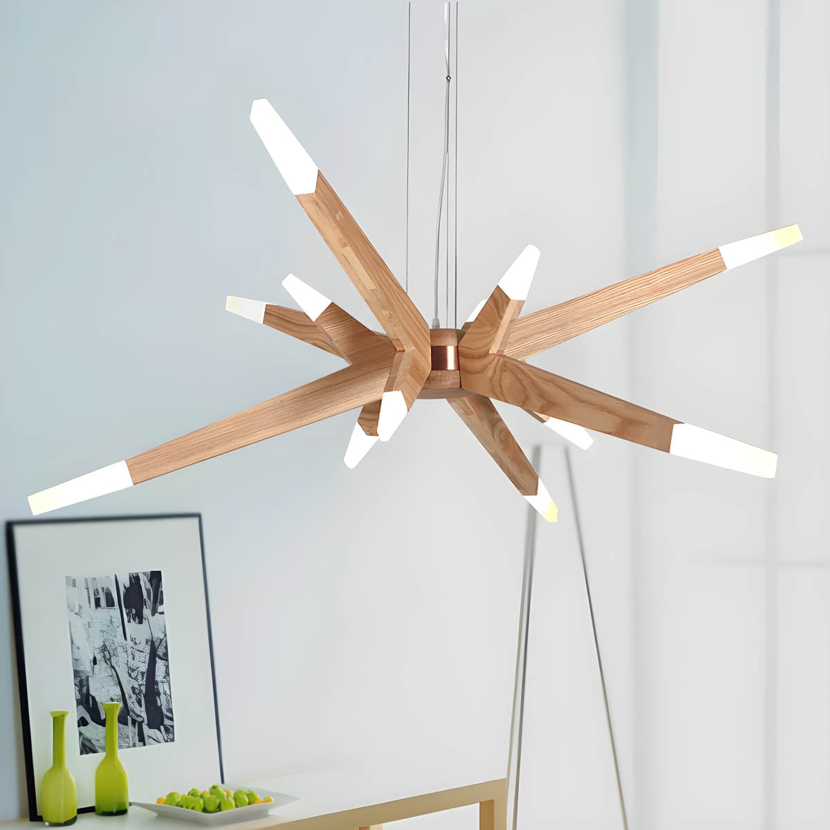 Natural Wood & Acrylic 12-Light Chandelier G4 LEDs, 128×45 cm