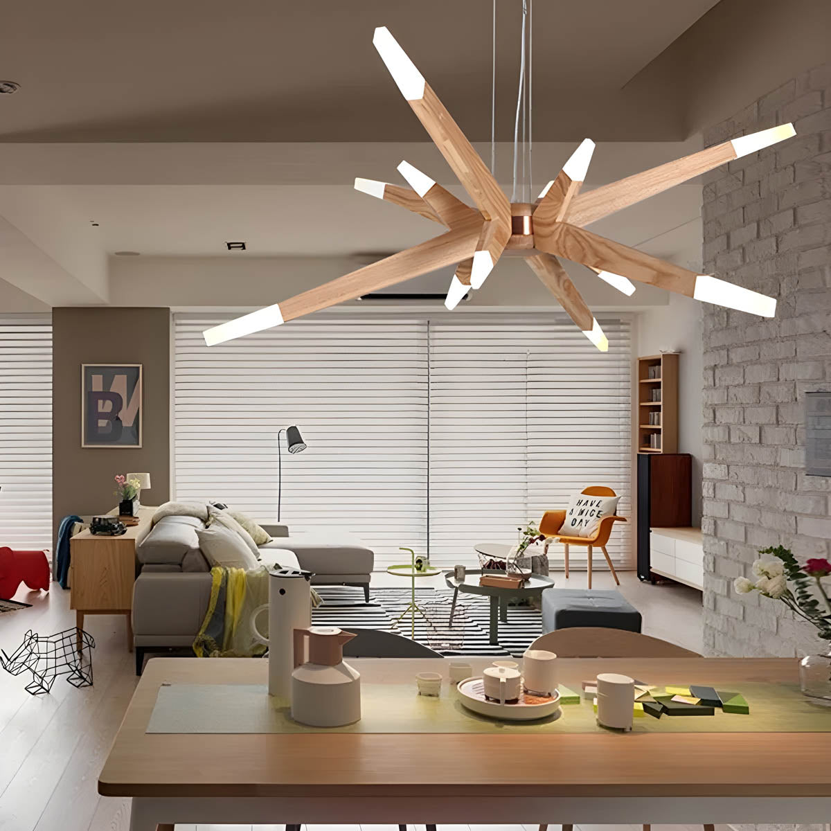 Natural Wood & Acrylic 12-Light Chandelier G4 LEDs, 128×45 cm