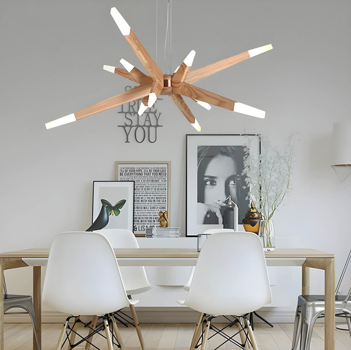 Natural Wood & Acrylic 12-Light Chandelier G4 LEDs, 128×45 cm