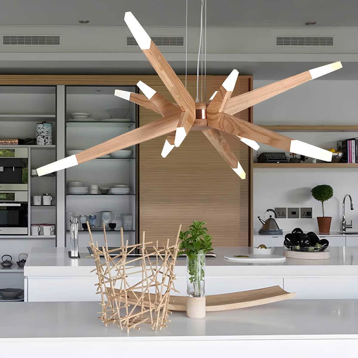 JAPPA Natural Wood & Acrylic 12-Light Chandelier G4 LEDs, 128×45 cm