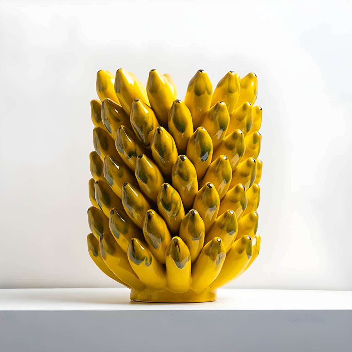 Yellow Glazed Ceramic Vase & Fruit Bowl Set — Sculptural Table Centrepiece