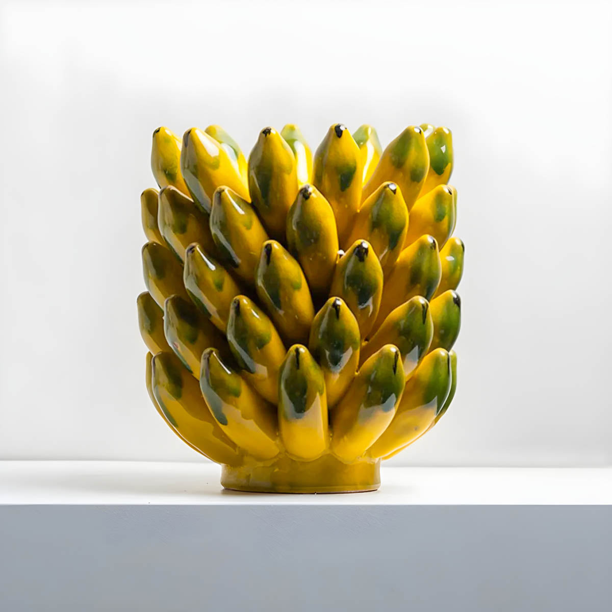 Yellow Glazed Ceramic Vase & Fruit Bowl Set — Sculptural Table Centrepiece