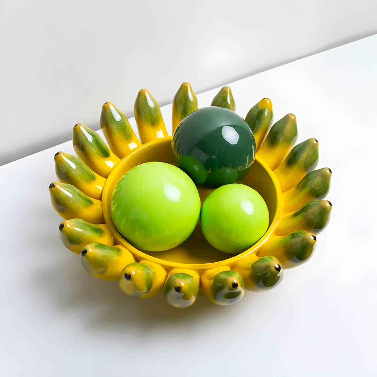 Yellow Glazed Ceramic Vase & Fruit Bowl Set — Sculptural Table Centrepiece