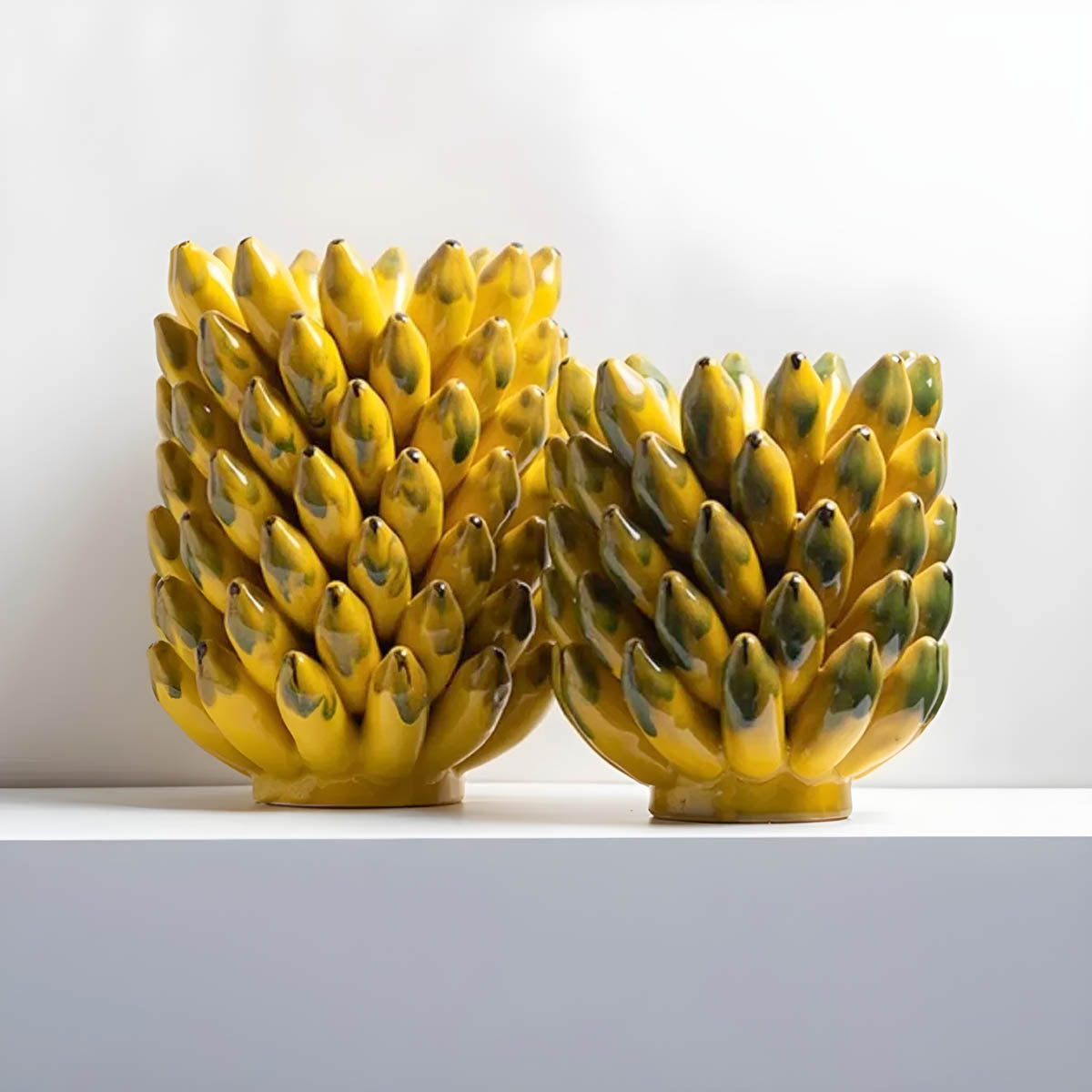 Yellow Glazed Ceramic Vase & Fruit Bowl Set — Sculptural Table Centrepiece