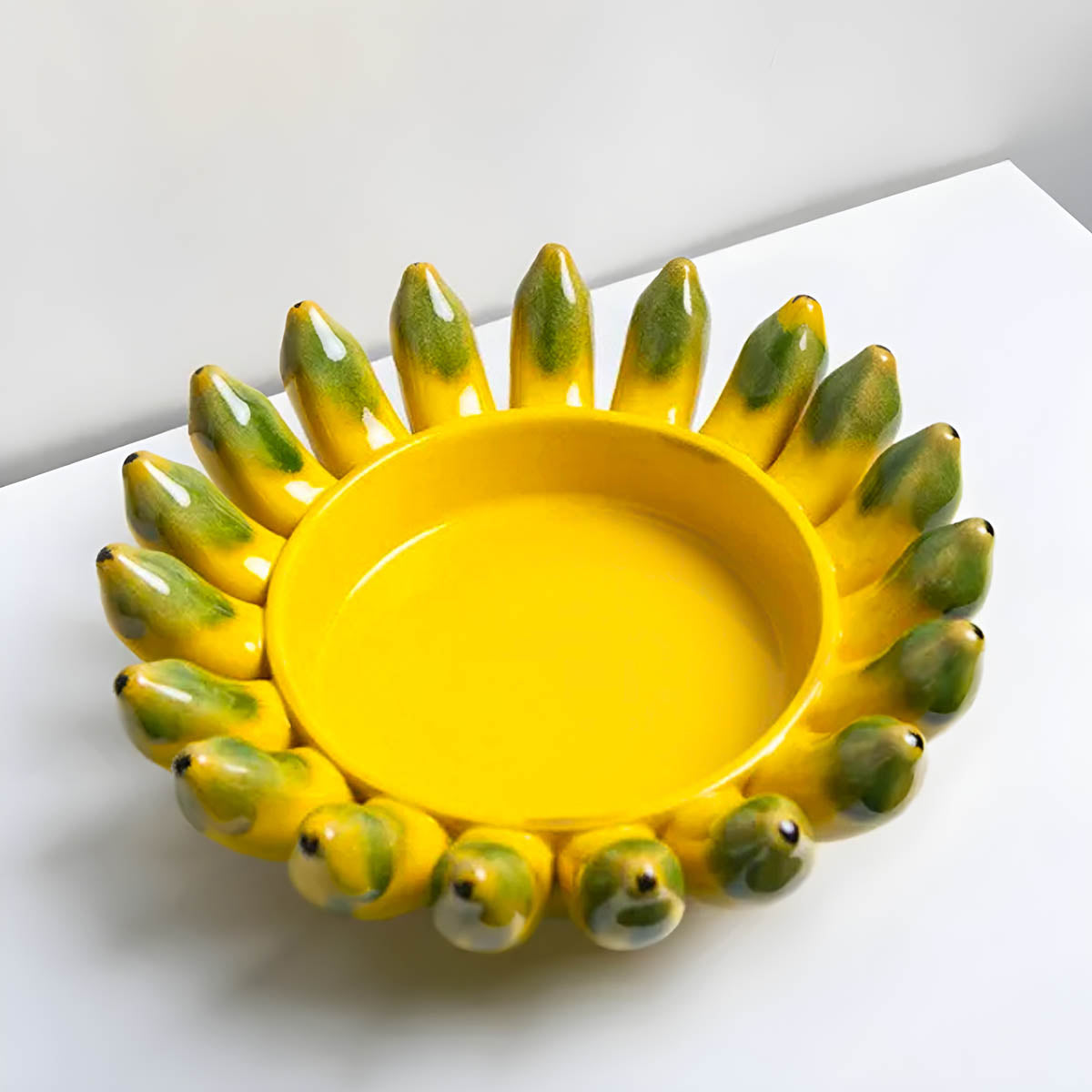 Yellow Glazed Ceramic Vase & Fruit Bowl Set — Sculptural Table Centrepiece