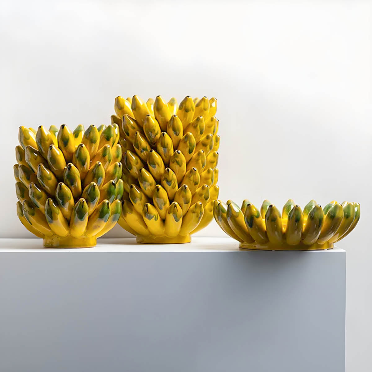 Yellow Glazed Ceramic Vase & Fruit Bowl Set — Sculptural Table Centrepiece