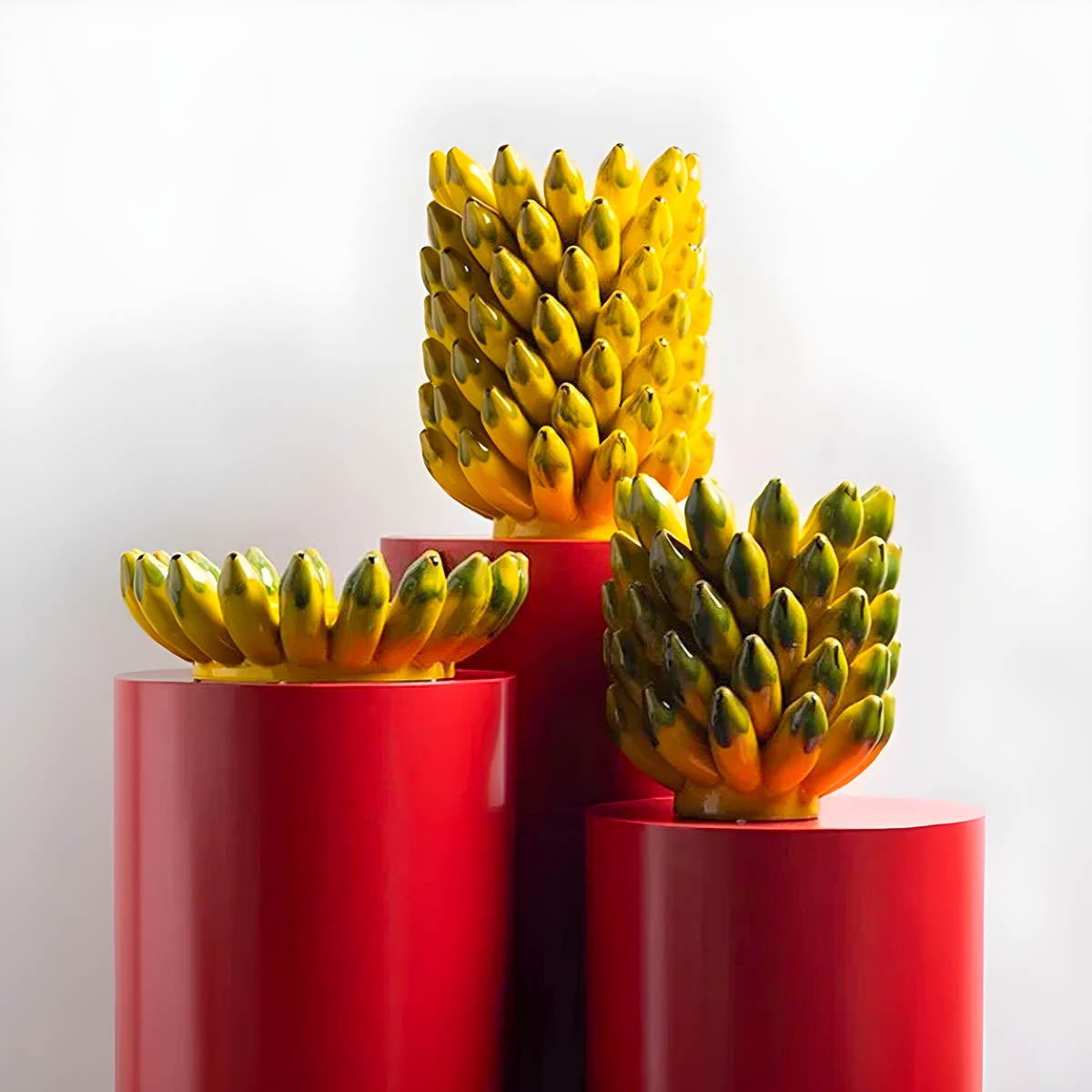 Yellow Glazed Ceramic Vase & Fruit Bowl Set — Sculptural Table Centrepiece