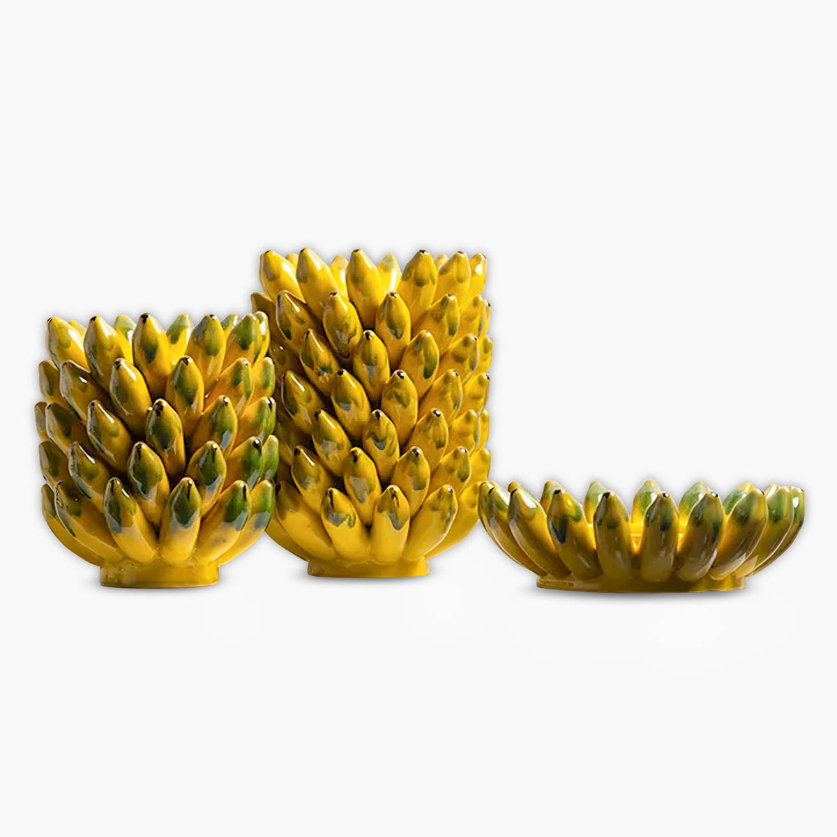 Yellow Glazed Ceramic Vase & Fruit Bowl Set — Sculptural Table Centrepiece